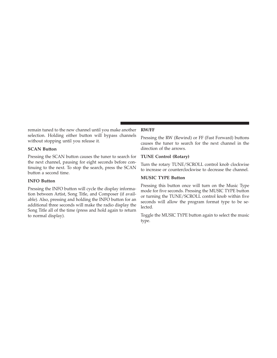 Scan button, Info button, Rw/ff | Tune control (rotary), Music type button | Dodge 2013 Challenger SRT8 User Manual | Page 264 / 512