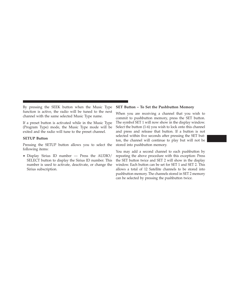 Setup button, Set button – to set the pushbutton memory | Dodge 2013 Challenger SRT8 User Manual | Page 265 / 512