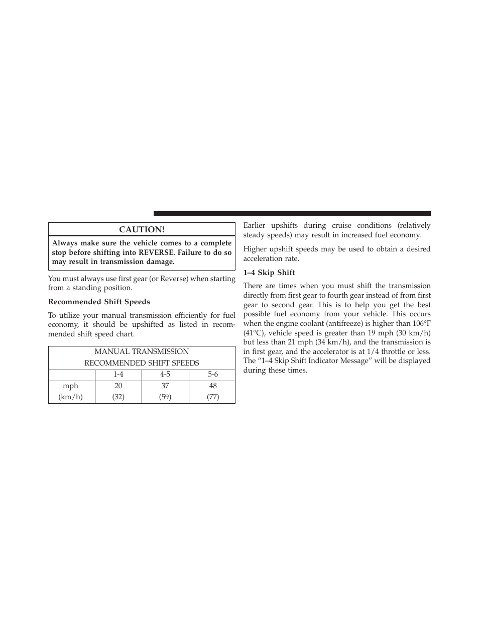 Recommended shift speeds, 1–4 skip shift | Dodge 2013 Challenger SRT8 User Manual | Page 302 / 512