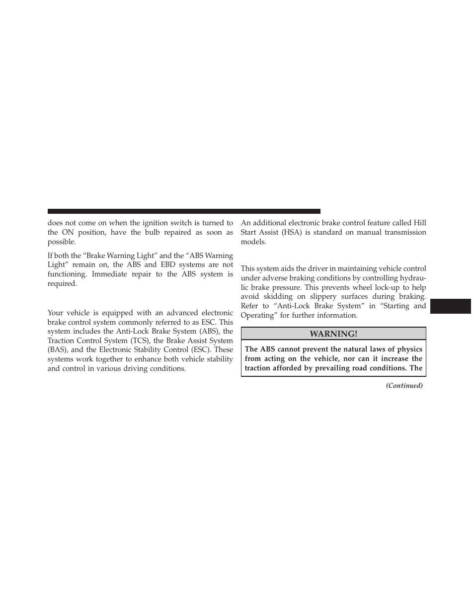 Electronic brake control system, Anti-lock brake system (abs) | Dodge 2013 Challenger SRT8 User Manual | Page 329 / 512