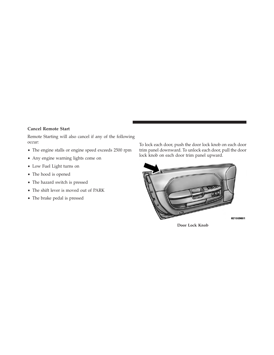 Cancel remote start, Door locks, Manual door locks | Dodge 2013 Challenger SRT8 User Manual | Page 34 / 512