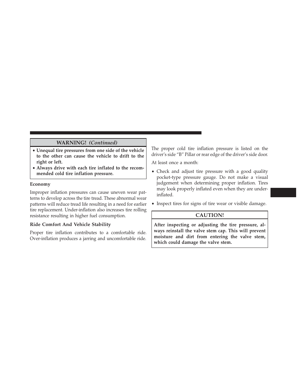Economy, Ride comfort and vehicle stability, Tire inflation pressures | Dodge 2013 Challenger SRT8 User Manual | Page 351 / 512