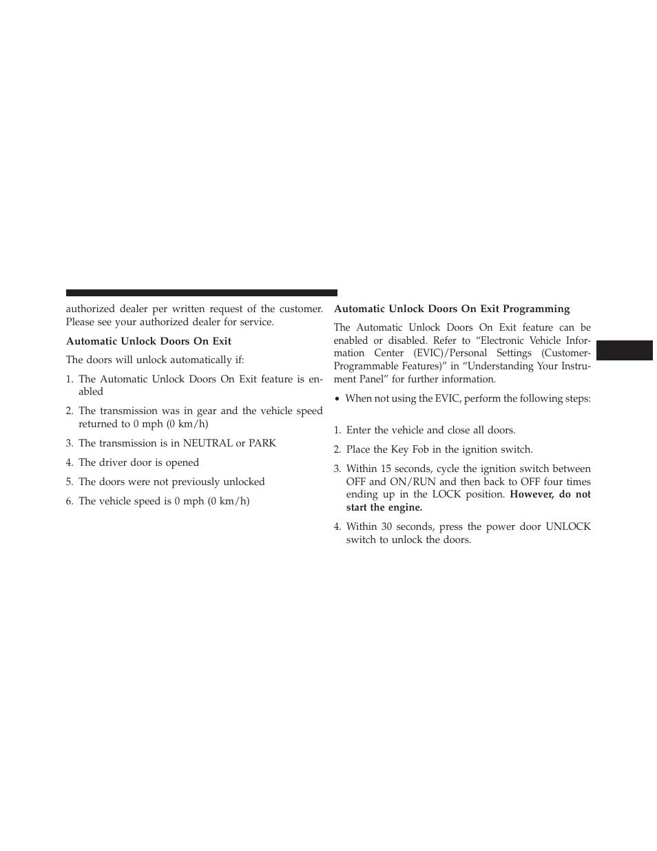 Automatic unlock doors on exit, Automatic unlock doors on exit programming | Dodge 2013 Challenger SRT8 User Manual | Page 37 / 512