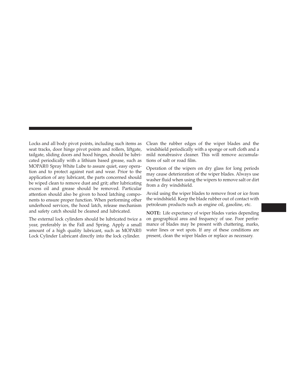 Body lubrication, Windshield wiper blades | Dodge 2013 Challenger SRT8 User Manual | Page 419 / 512
