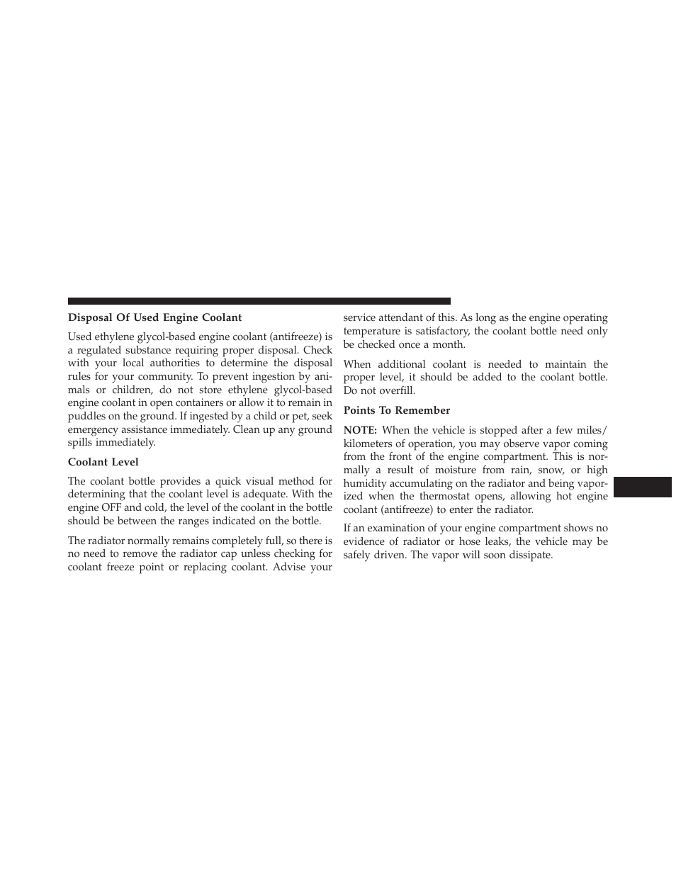 Disposal of used engine coolant, Coolant level, Points to remember | Dodge 2013 Challenger SRT8 User Manual | Page 427 / 512