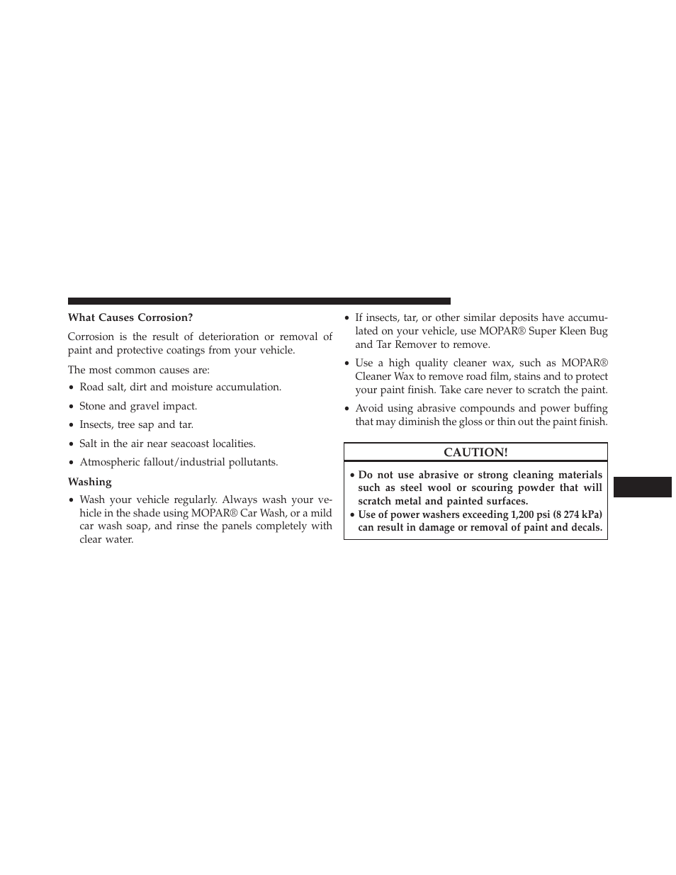 What causes corrosion, Washing | Dodge 2013 Challenger SRT8 User Manual | Page 435 / 512