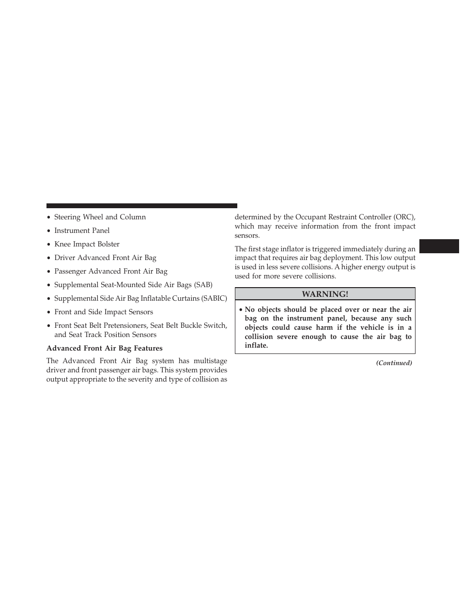 Advanced front air bag features | Dodge 2013 Challenger SRT8 User Manual | Page 63 / 512