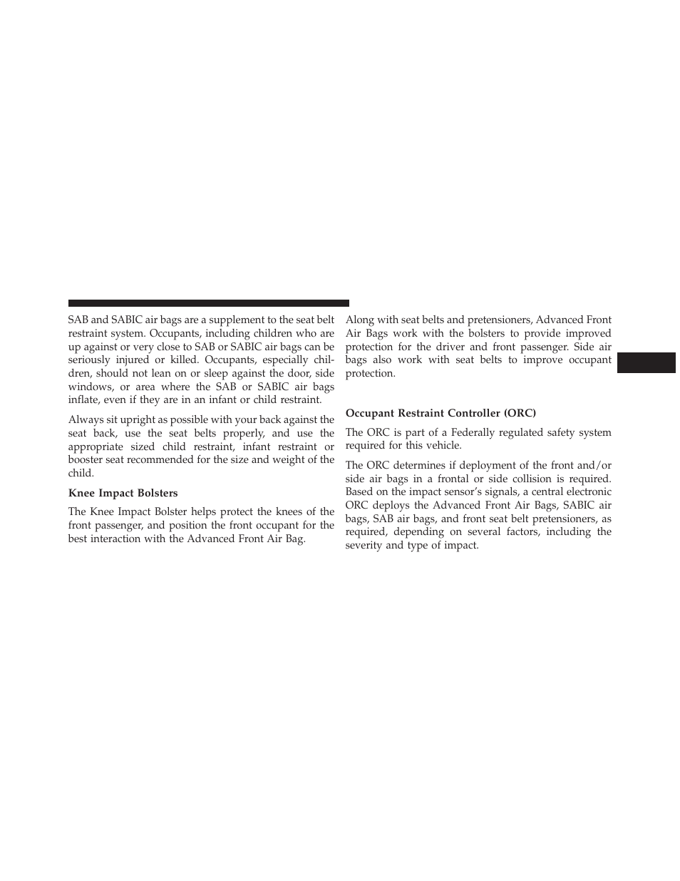 Knee impact bolsters, Air bag deployment sensors and controls, Occupant restraint controller (orc) | Dodge 2013 Challenger SRT8 User Manual | Page 67 / 512