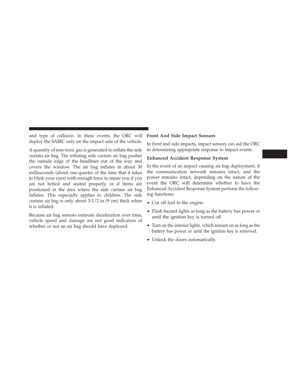 Front and side impact sensors, Enhanced accident response system | Dodge 2013 Challenger SRT8 User Manual | Page 71 / 512