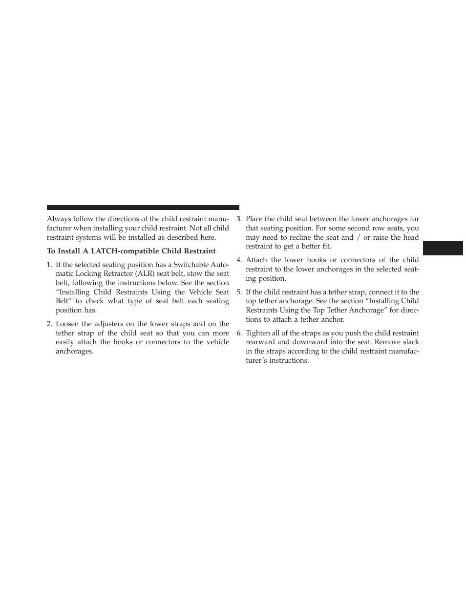 To install a latch-compatible child restraint | Dodge 2013 Challenger SRT8 User Manual | Page 89 / 512