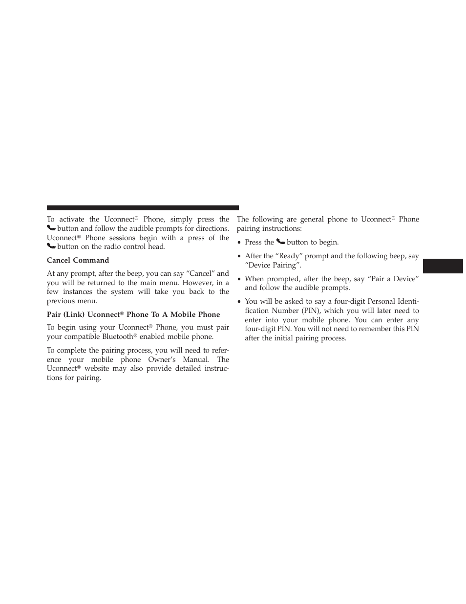 Cancel command, Pair (link) uconnect? phone to a mobile phone | Dodge 2013 Challenger User Manual | Page 127 / 537