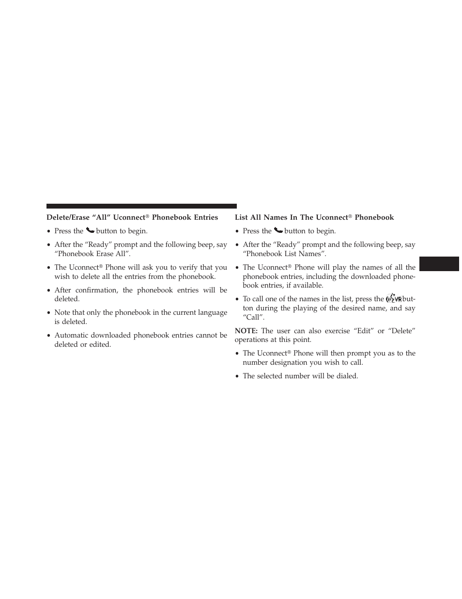 Delete/erase “all” uconnect? phonebook entries, List all names in the uconnect? phonebook | Dodge 2013 Challenger User Manual | Page 133 / 537