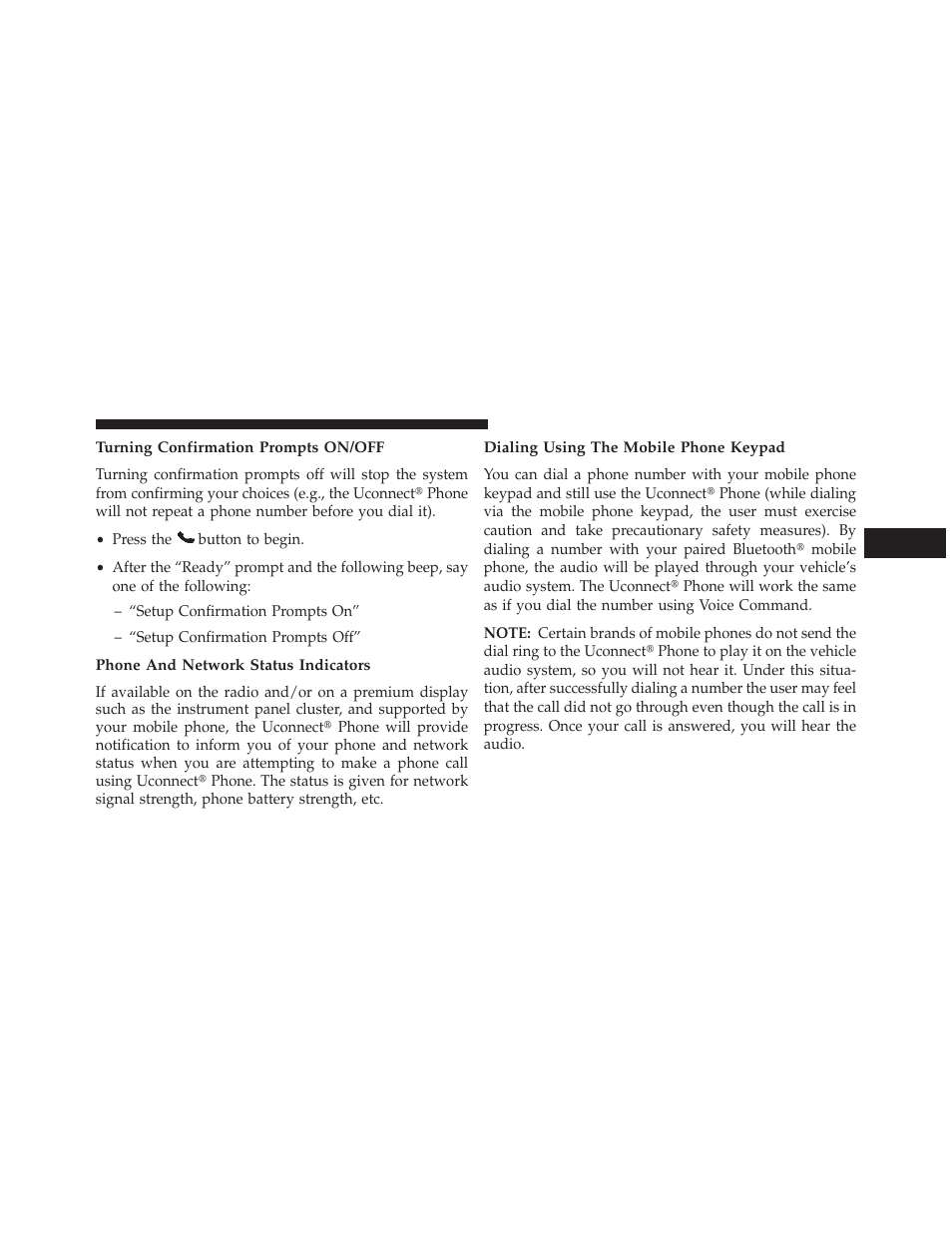 Turning confirmation prompts on/off, Phone and network status indicators, Dialing using the mobile phone keypad | Dodge 2013 Challenger User Manual | Page 141 / 537