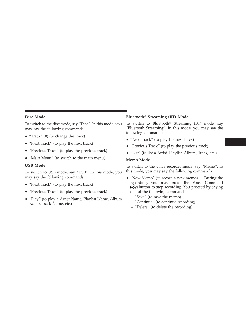 Disc mode, Usb mode, Bluetooth? streaming (bt) mode | Memo mode | Dodge 2013 Challenger User Manual | Page 159 / 537