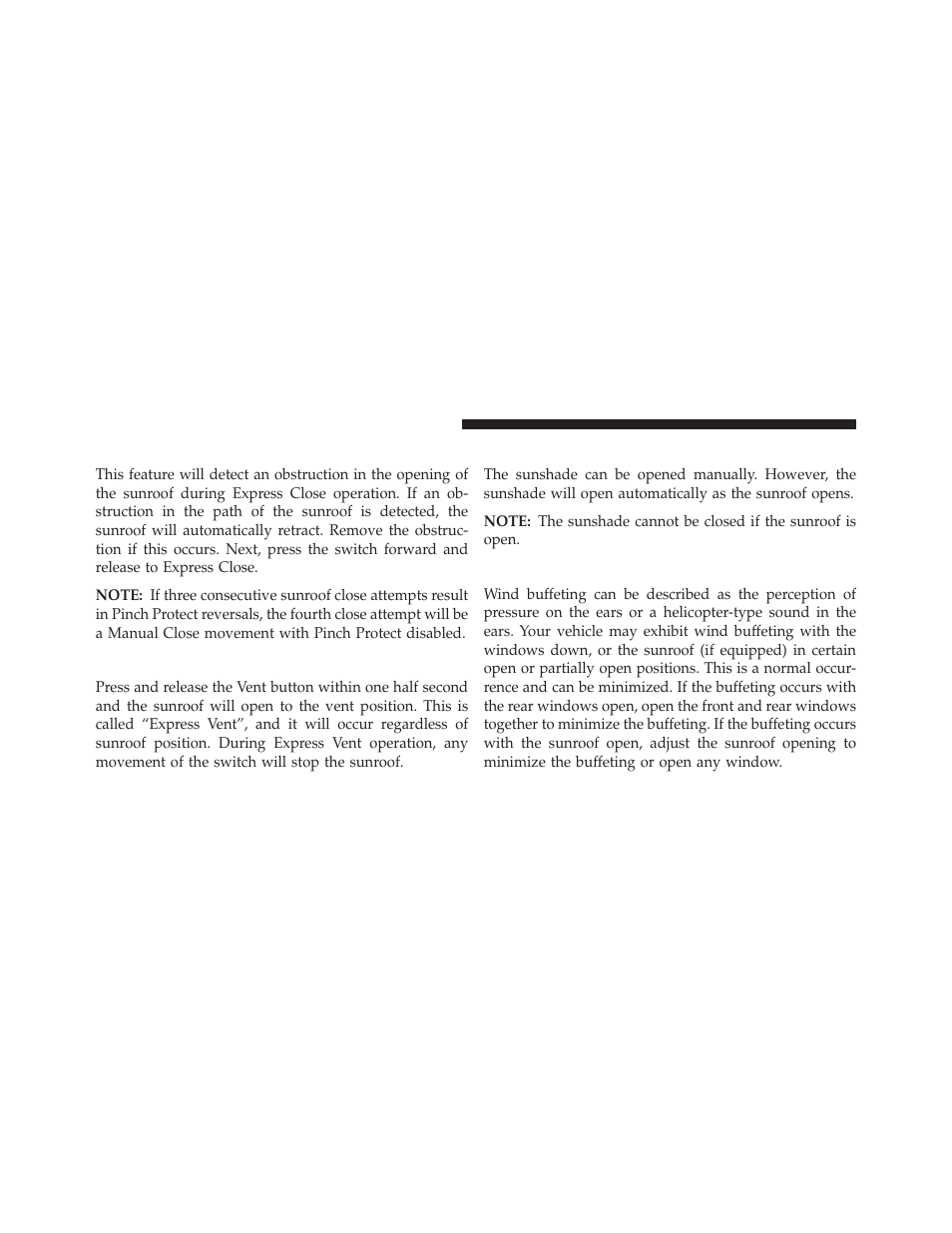 Pinch protect feature, Venting sunroof — express, Sunshade operation | Wind buffeting | Dodge 2013 Challenger User Manual | Page 208 / 537