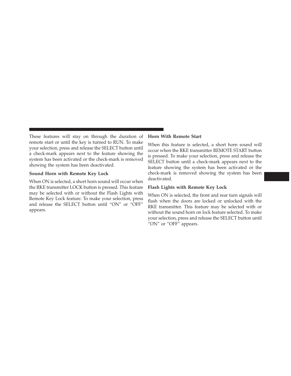 Sound horn with remote key lock, Horn with remote start, Flash lights with remote key lock | Dodge 2013 Challenger User Manual | Page 247 / 537