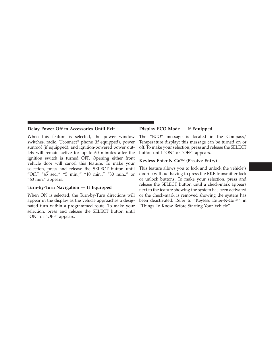 Delay power off to accessories until exit, Turn-by-turn navigation — if equipped, Display eco mode — if equipped | Keyless enter-n-go™ (passive entry) | Dodge 2013 Challenger User Manual | Page 249 / 537