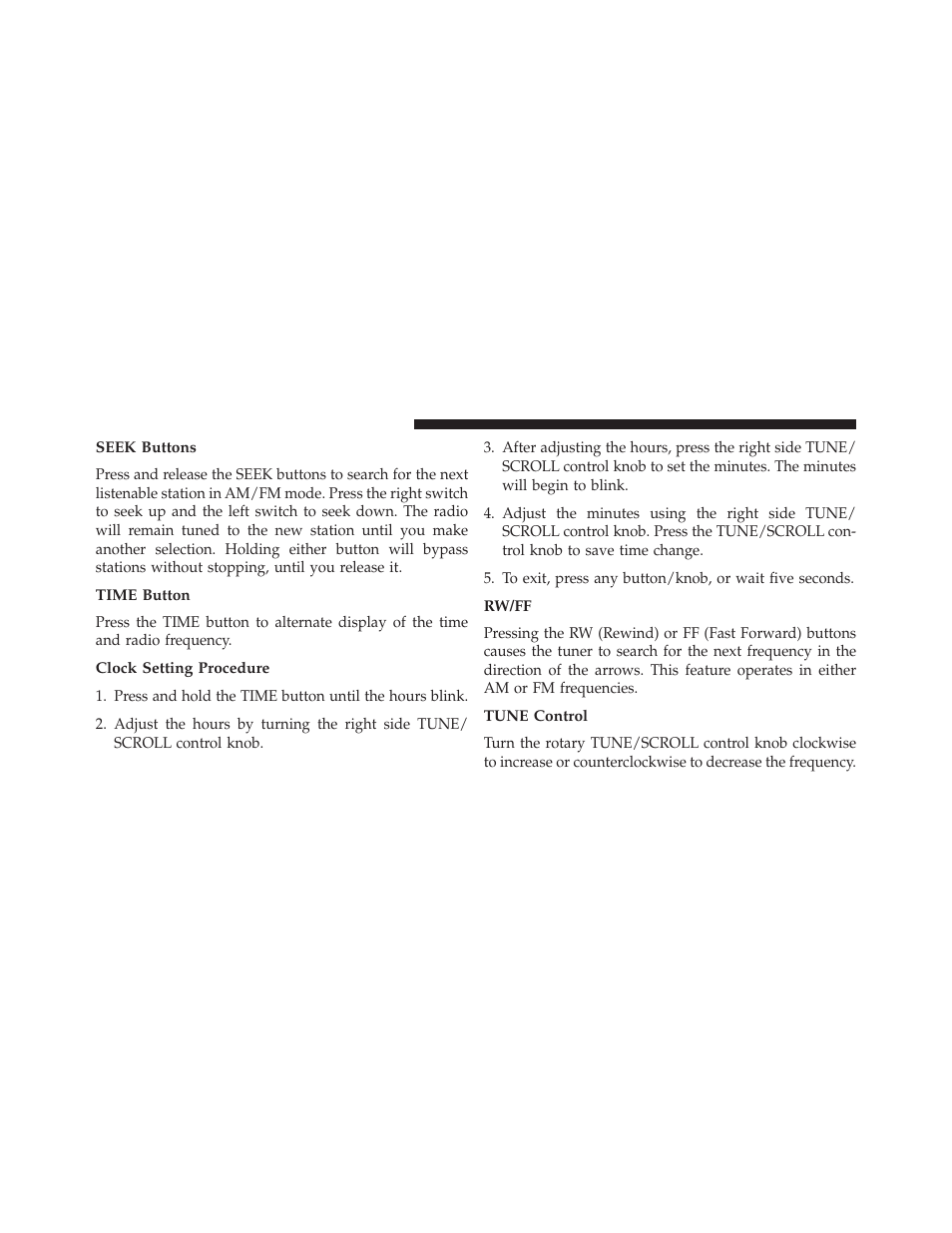 Seek buttons, Time button, Clock setting procedure | Rw/ff, Tune control | Dodge 2013 Challenger User Manual | Page 252 / 537