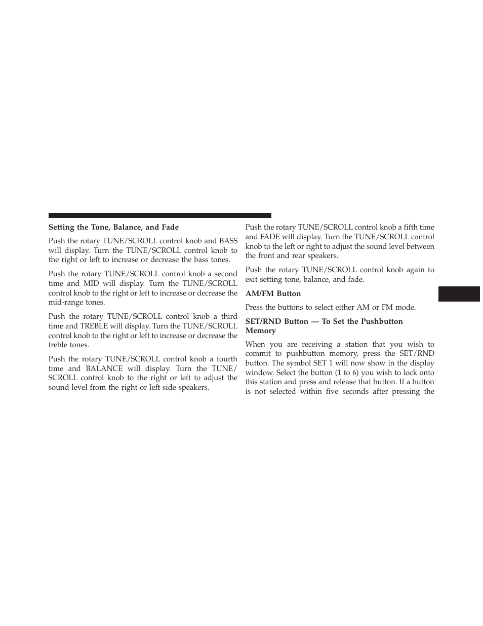 Setting the tone, balance, and fade, Am/fm button, Set/rnd button — to set the pushbutton memory | Dodge 2013 Challenger User Manual | Page 253 / 537