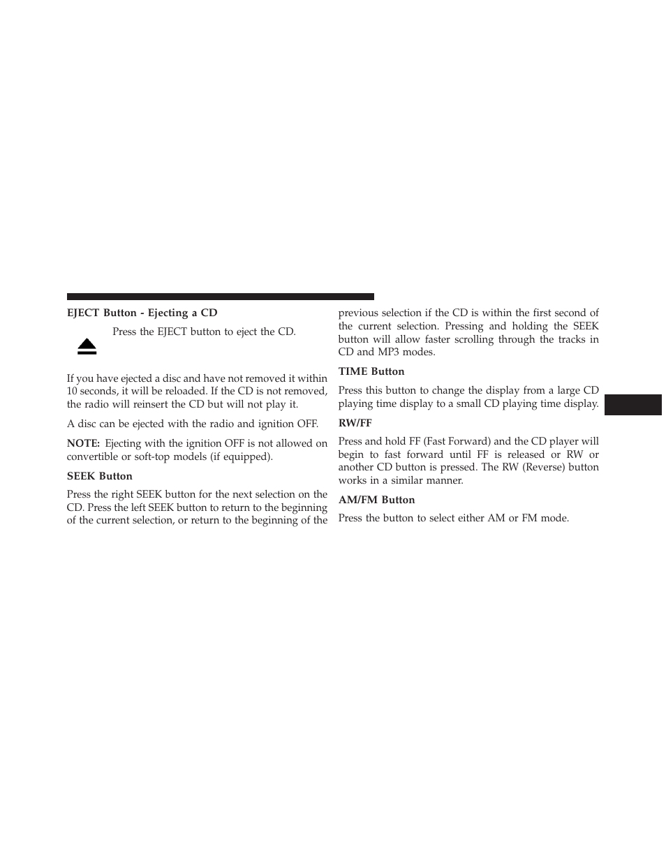 Eject button - ejecting a cd, Seek button, Time button | Rw/ff, Am/fm button | Dodge 2013 Challenger User Manual | Page 267 / 537