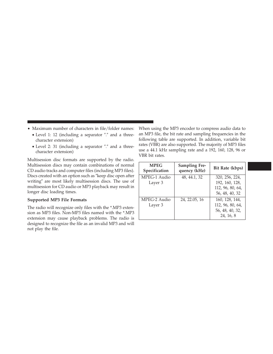 Supported mp3 file formats | Dodge 2013 Challenger User Manual | Page 269 / 537