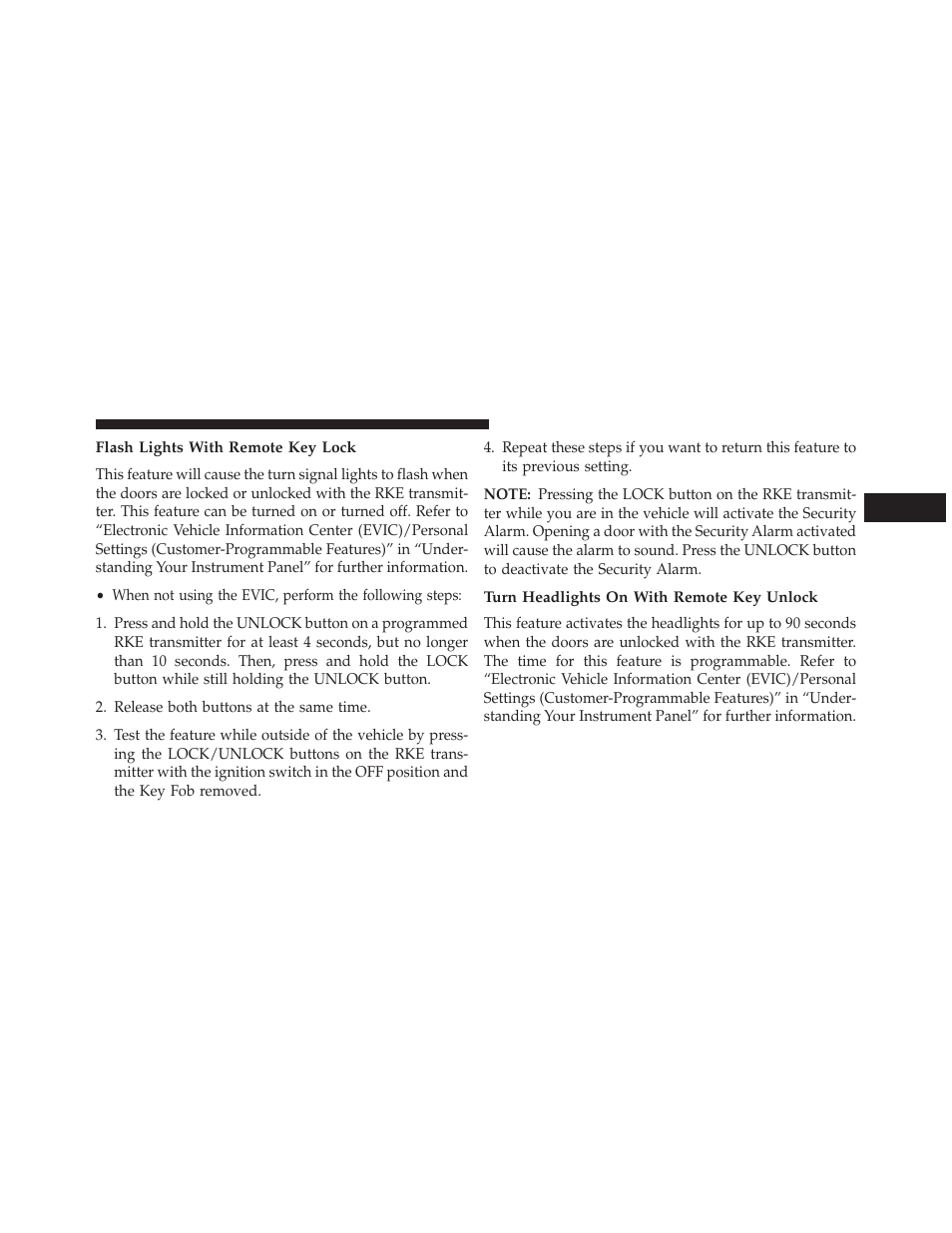 Flash lights with remote key lock, Turn headlights on with remote key unlock | Dodge 2013 Challenger User Manual | Page 27 / 537