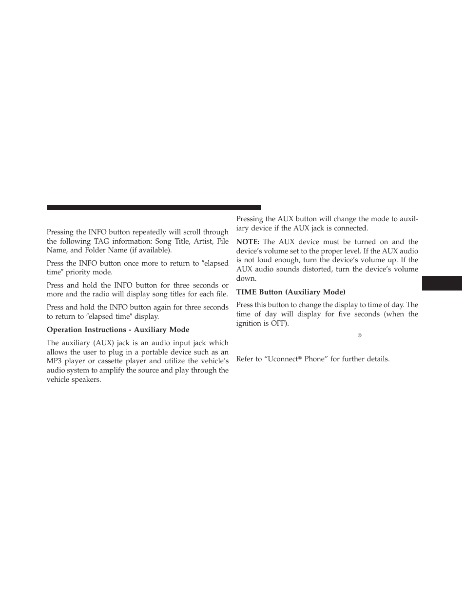 Info button (cd mode for mp3 play), Operation instructions - auxiliary mode, Time button (auxiliary mode) | Operating instructions (uconnect௡ phone) — if, Equipped | Dodge 2013 Challenger User Manual | Page 271 / 537