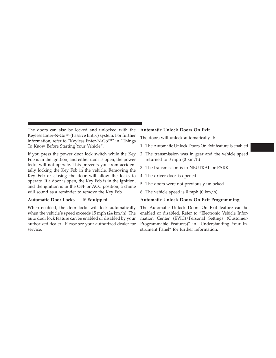 Automatic door locks — if equipped, Automatic unlock doors on exit, Automatic unlock doors on exit programming | Dodge 2013 Challenger User Manual | Page 37 / 537