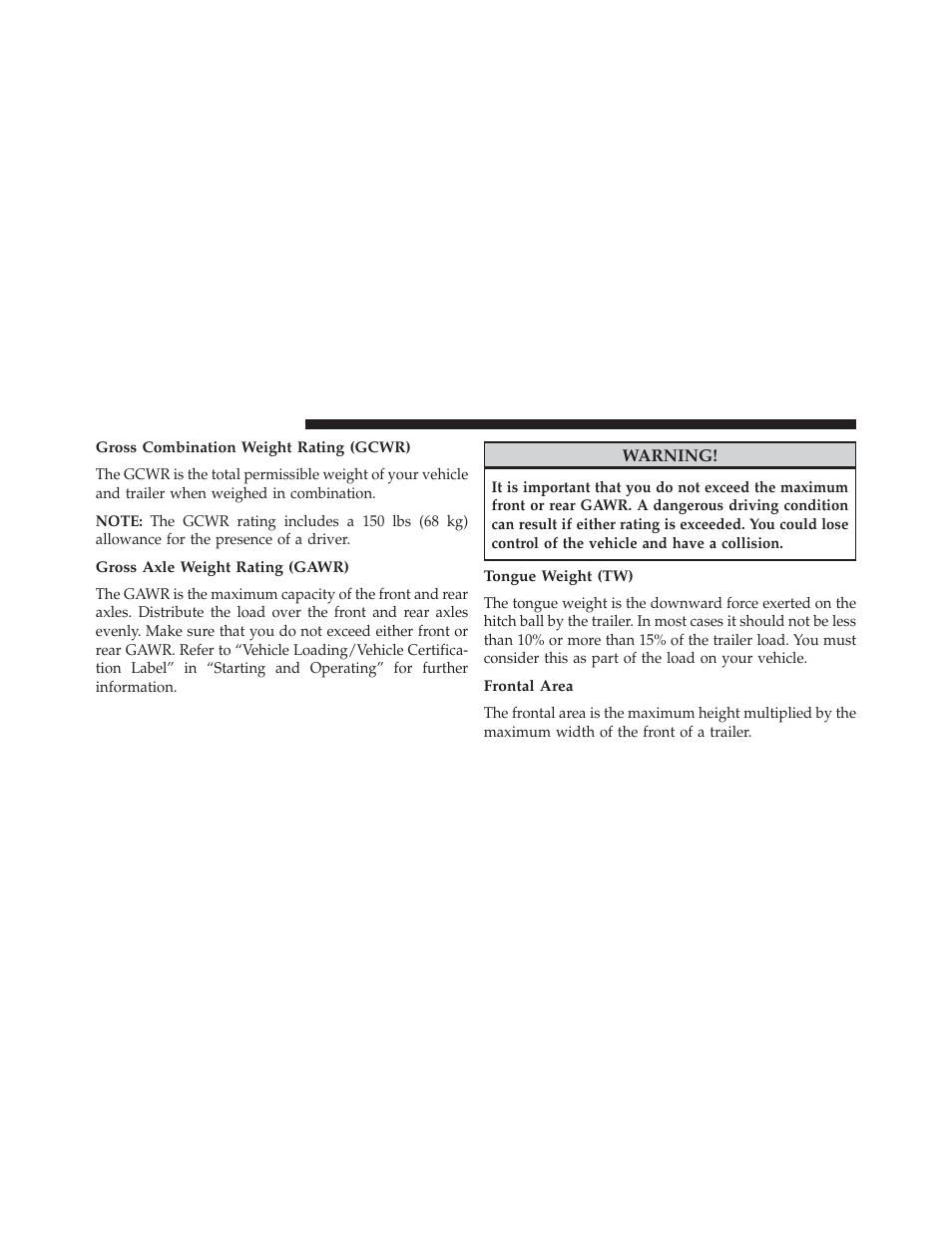 Gross combination weight rating (gcwr), Gross axle weight rating (gawr), Tongue weight (tw) | Frontal area | Dodge 2013 Challenger User Manual | Page 390 / 537