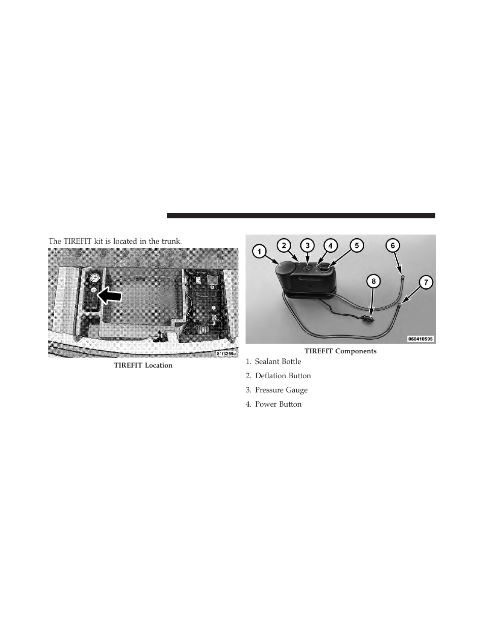 Tirefit storage, Tirefit kit components and operation | Dodge 2013 Challenger User Manual | Page 408 / 537