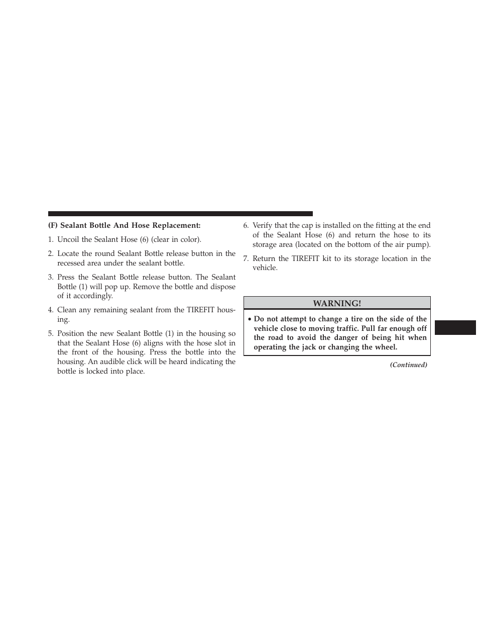 F) sealant bottle and hose replacement, Jacking and tire changing | Dodge 2013 Challenger User Manual | Page 417 / 537