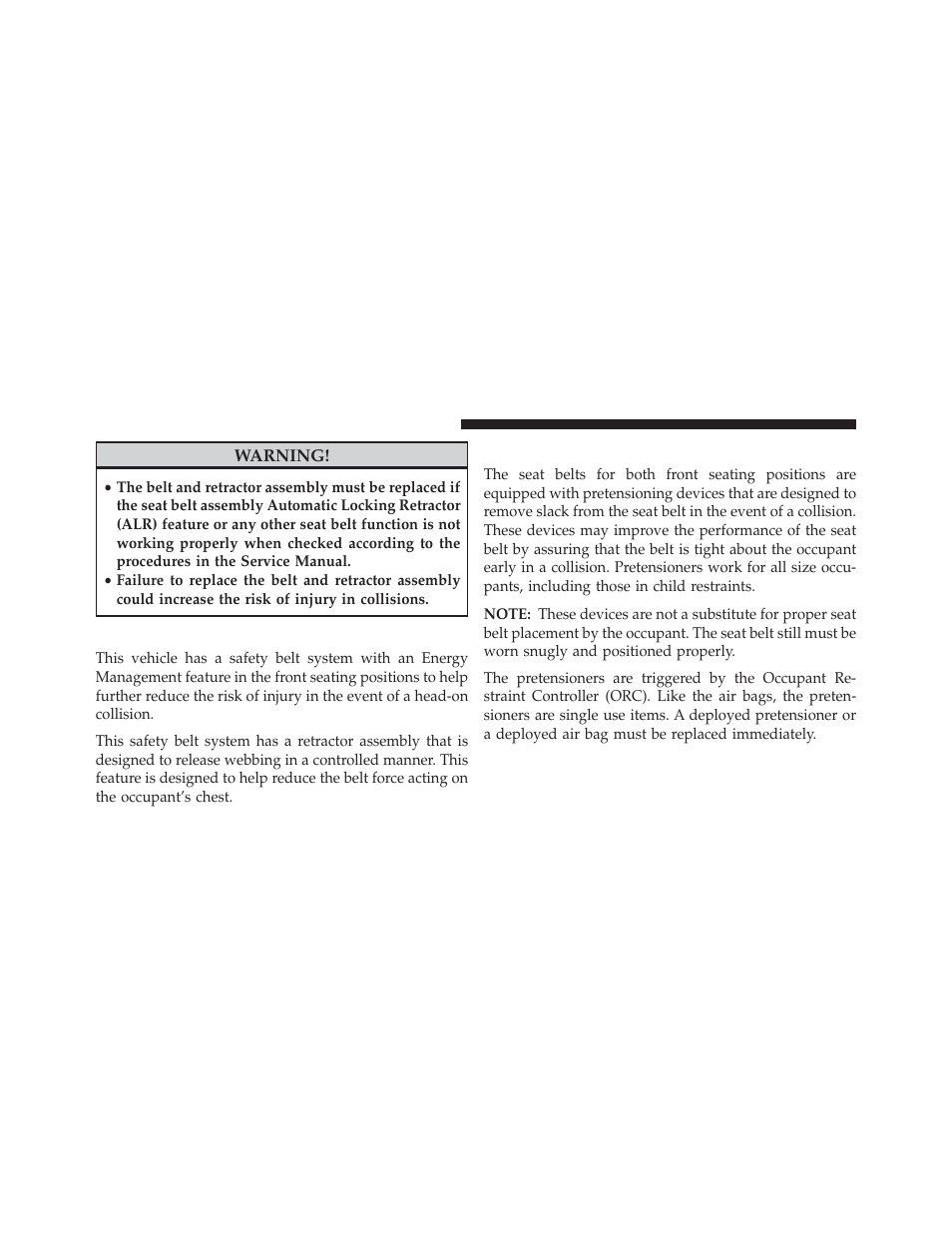 Energy management feature, Seat belt pretensioners | Dodge 2013 Challenger User Manual | Page 58 / 537