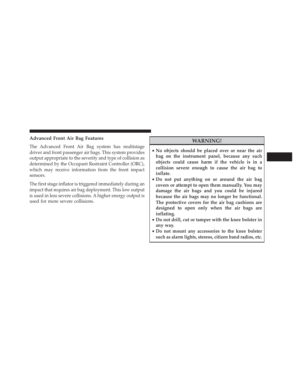 Advanced front air bag features | Dodge 2013 Challenger User Manual | Page 63 / 537