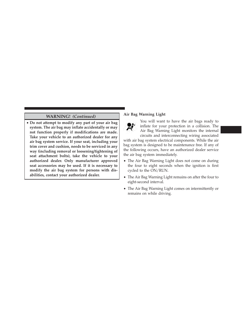 Air bag warning light | Dodge 2013 Challenger User Manual | Page 73 / 537