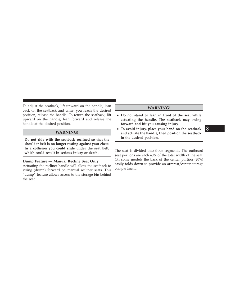 20-40 front bench seat — if equipped | Dodge 2012 Ram User Manual | Page 151 / 730