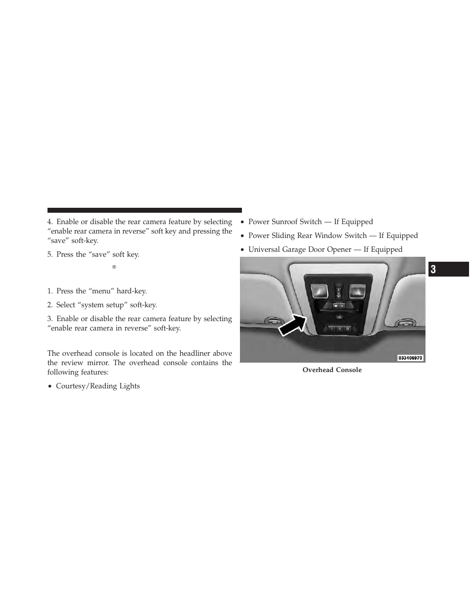 Overhead console — if equipped, Turning parkview௡ on or off — without, Navigation/multimedia radio | Dodge 2012 Ram User Manual | Page 191 / 730