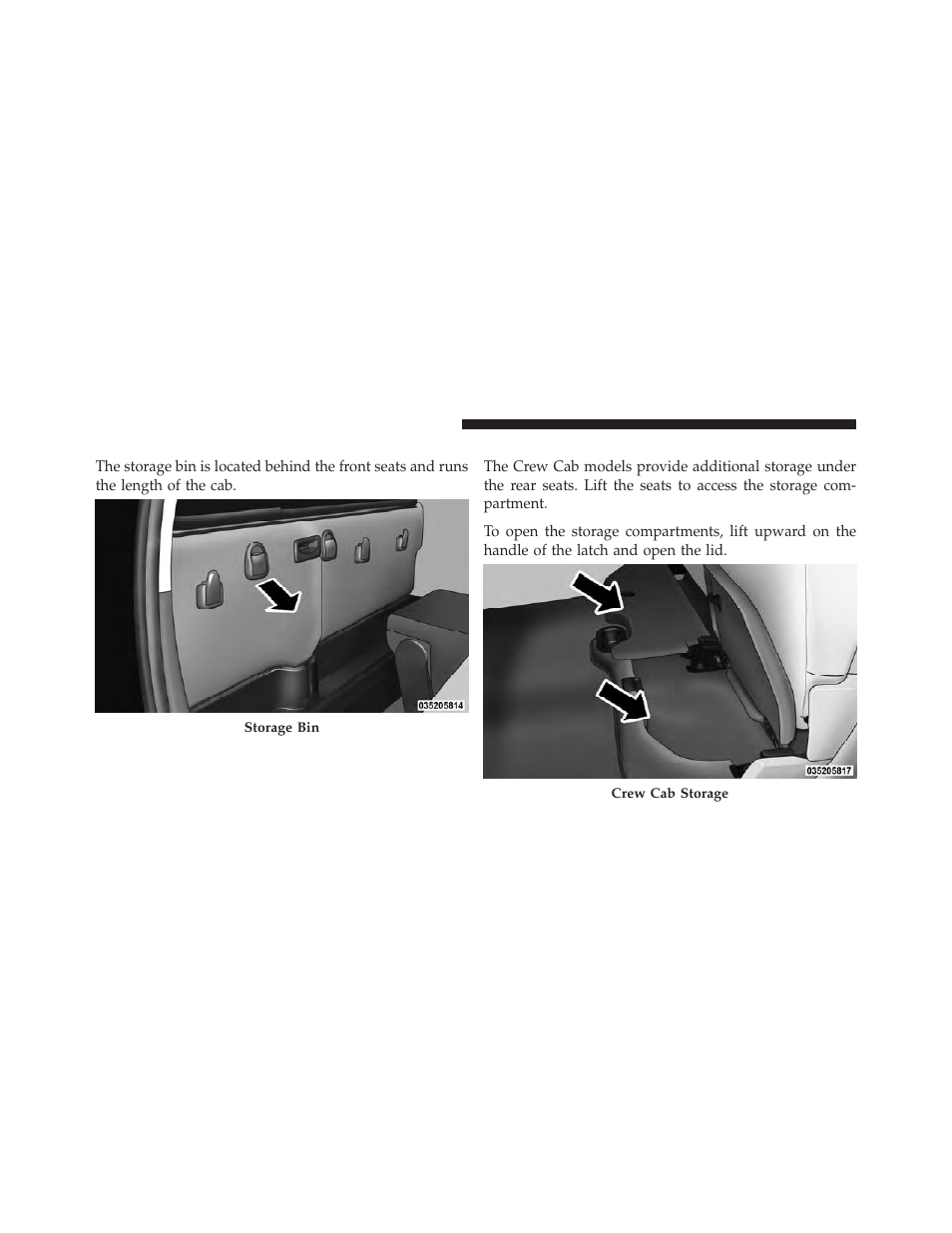 Storage (regular cab), Storage and seats (crew cab) | Dodge 2012 Ram User Manual | Page 220 / 730