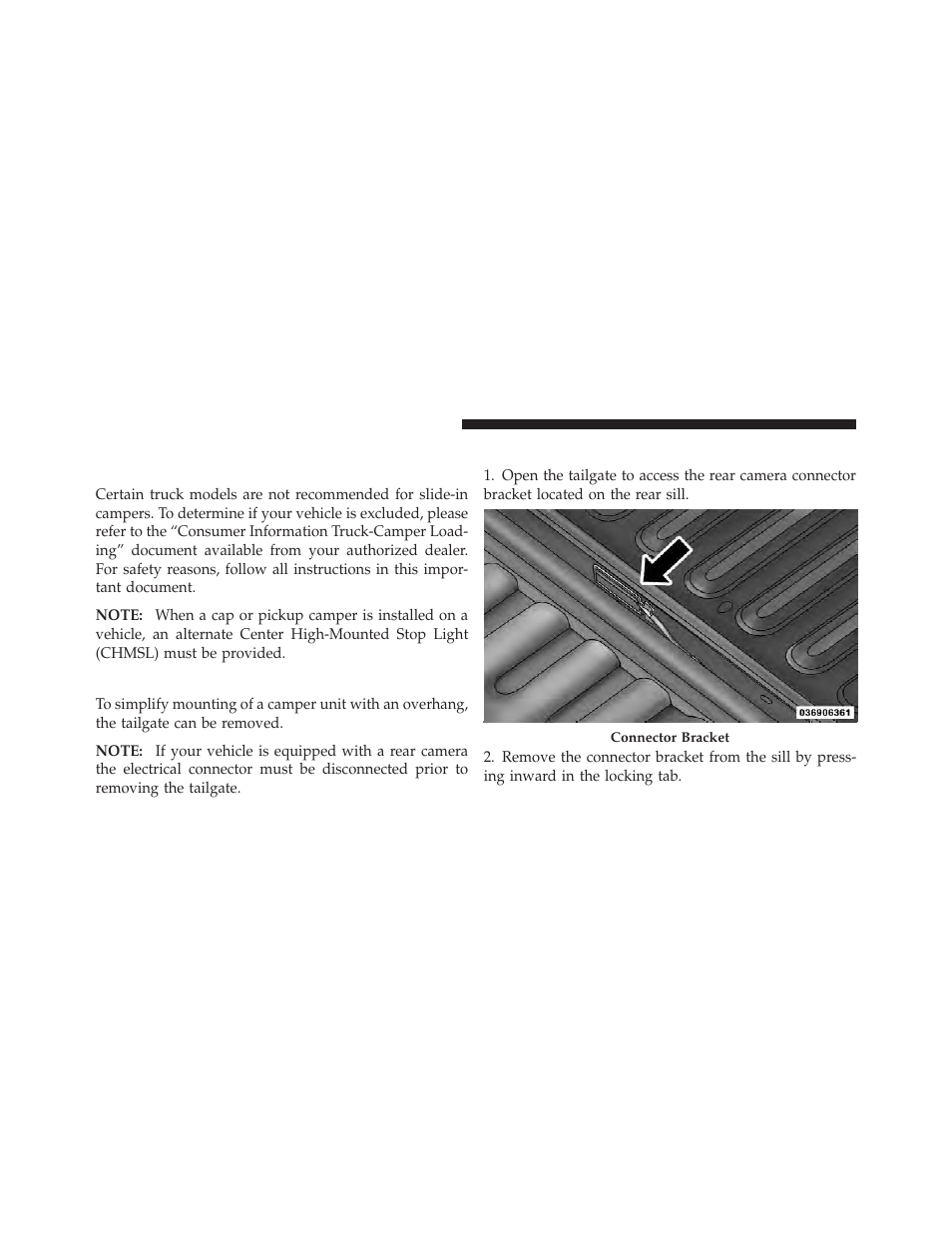 Slide-in campers, Camper applications, Easy-off tailgate | Disconnecting the rear camera — if equipped, Disconnecting the rear camera — if, Equipped | Dodge 2012 Ram User Manual | Page 240 / 730