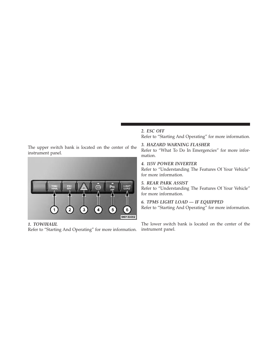 Switch bank button description, Upper switch bank, Lower switch bank | Dodge 2012 Ram User Manual | Page 248 / 730