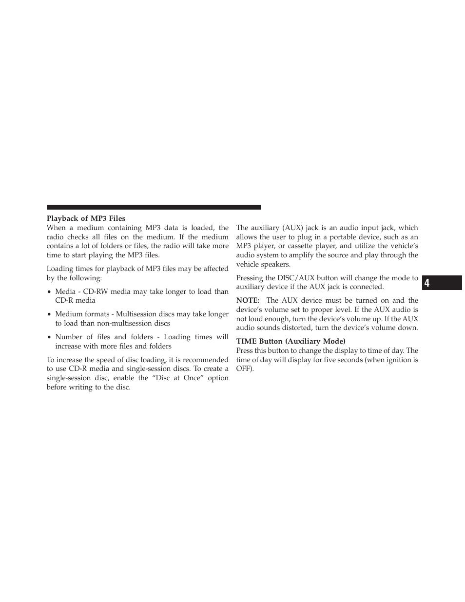 Operation instructions - auxiliary mode | Dodge 2012 Ram User Manual | Page 299 / 730