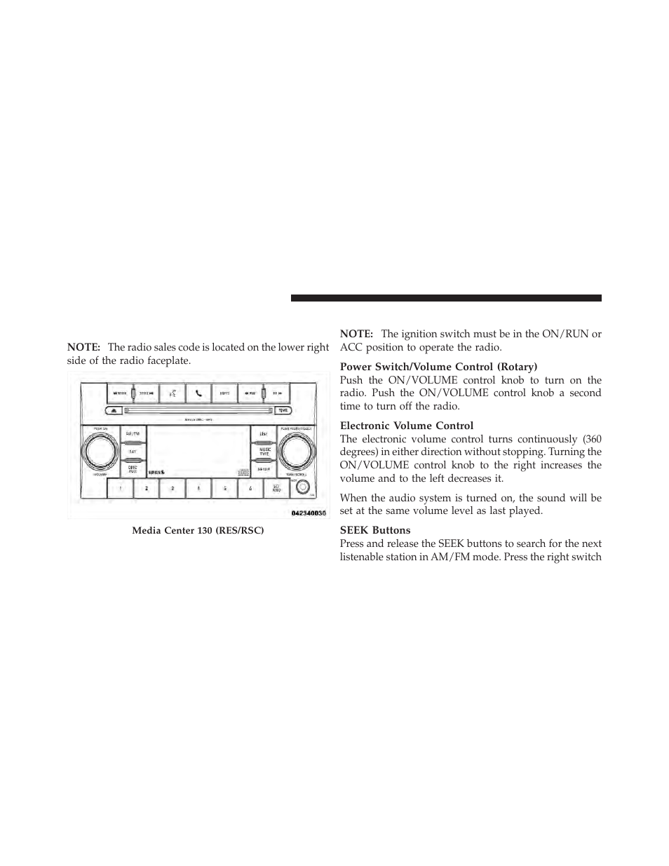 Operating instructions — radio mode, Media center 130 with satellite radio, Sales code res+rsc) | Dodge 2012 Ram User Manual | Page 300 / 730