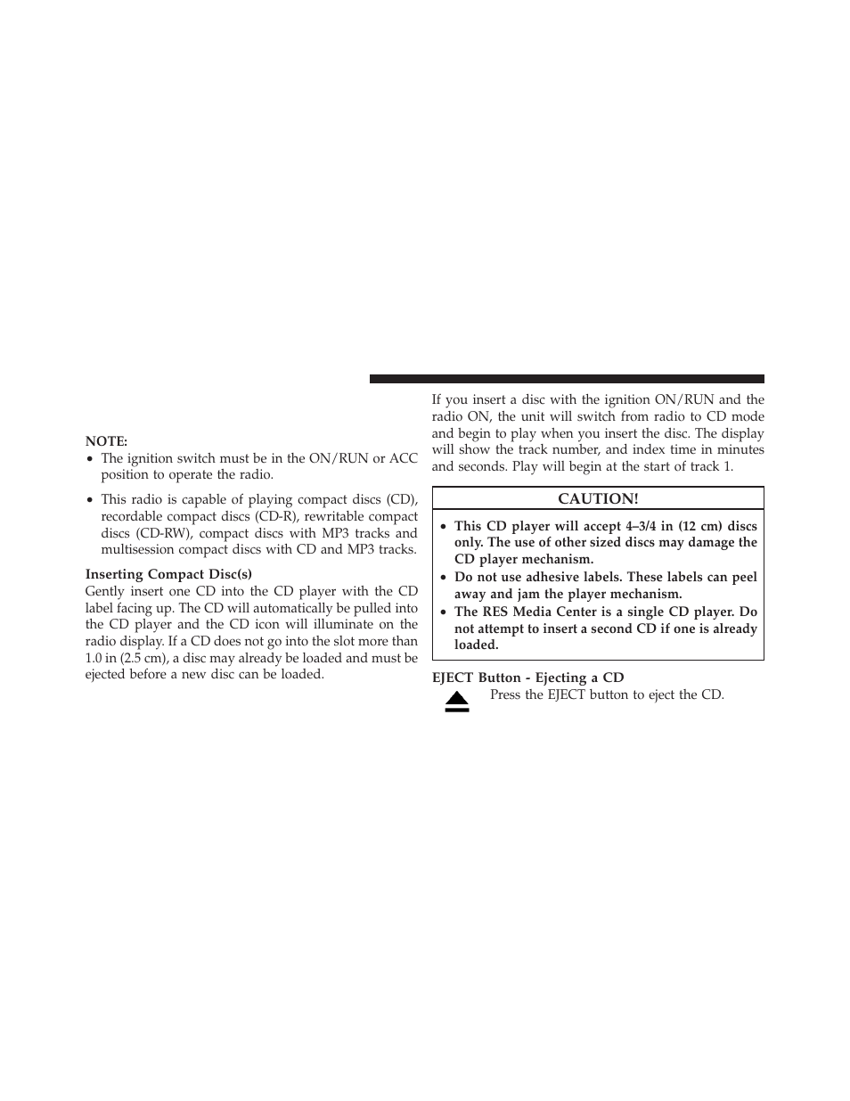 Operation instructions — cd mode for cd, And mp3 audio play | Dodge 2012 Ram User Manual | Page 306 / 730