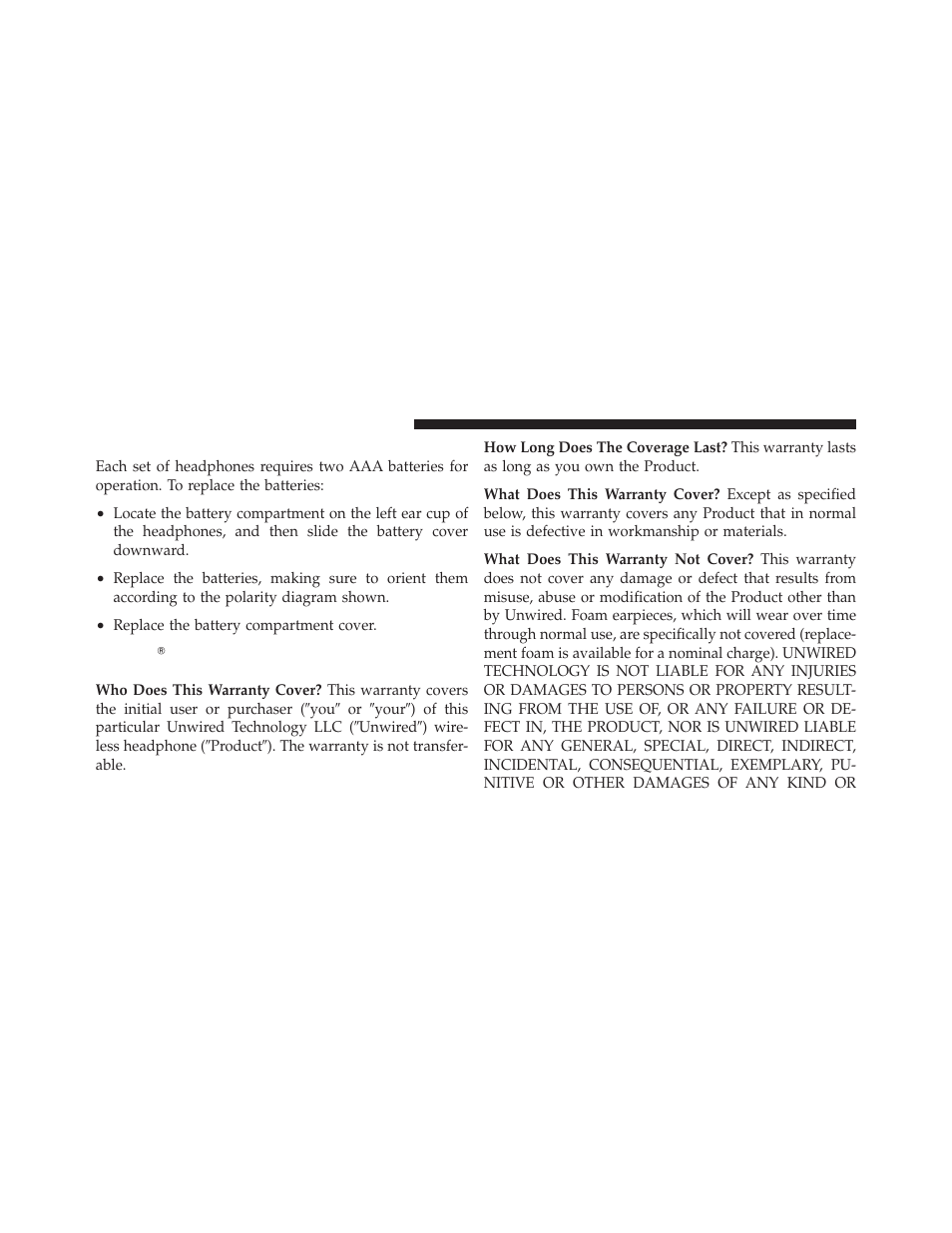 Replacing the batteries, Unwired௡ stereo headphone lifetime, Limited warranty | Dodge 2012 Ram User Manual | Page 340 / 730