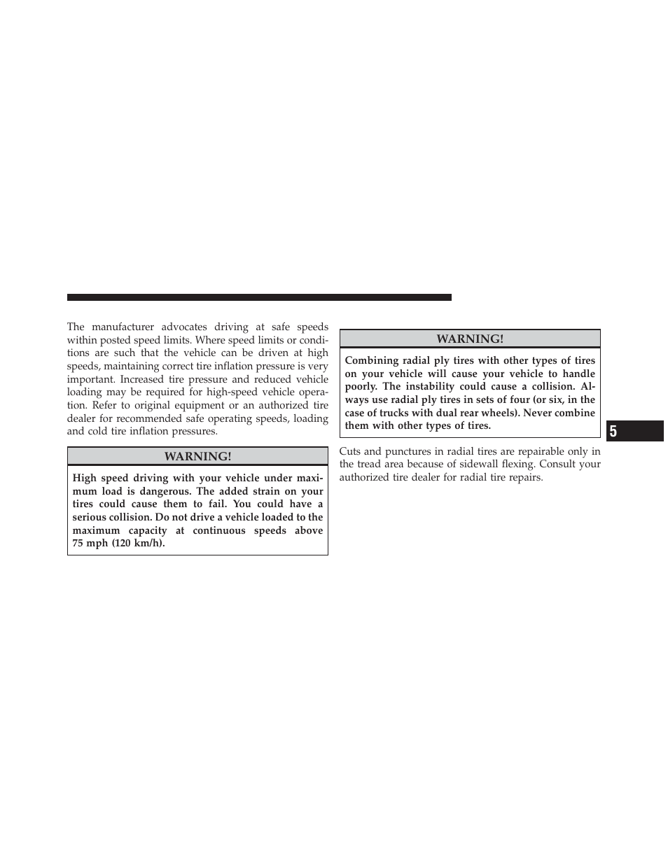 Tire pressures for high speed operation, Radial ply tires | Dodge 2012 Ram User Manual | Page 507 / 730