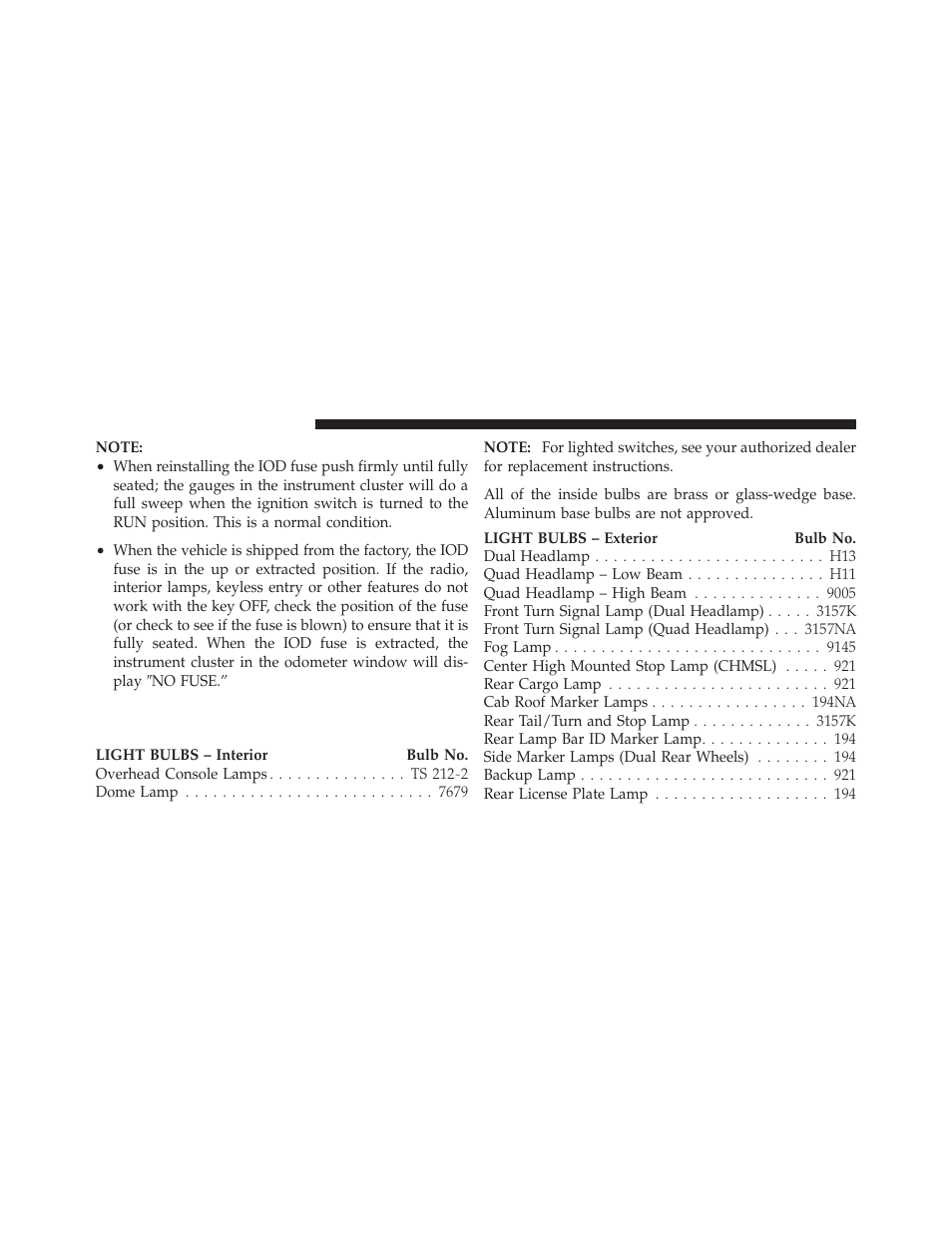 Replacement bulbs | Dodge 2012 Ram User Manual | Page 666 / 730