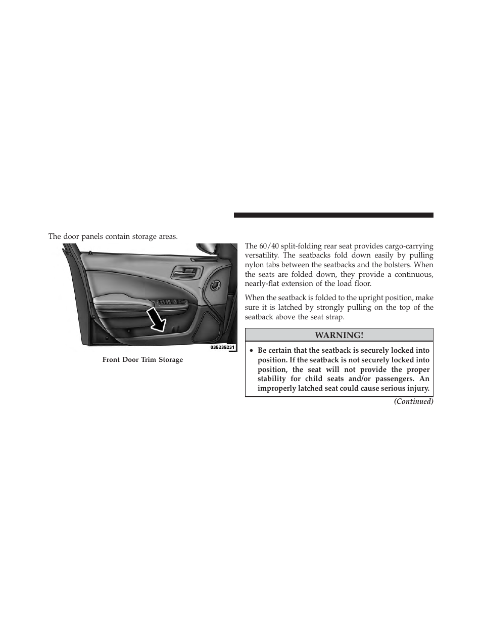 Door storage, Cargo area — vehicles equipped with 60/40, Split-folding rear seat | Dodge 2012 Charger SRT8 User Manual | Page 282 / 573