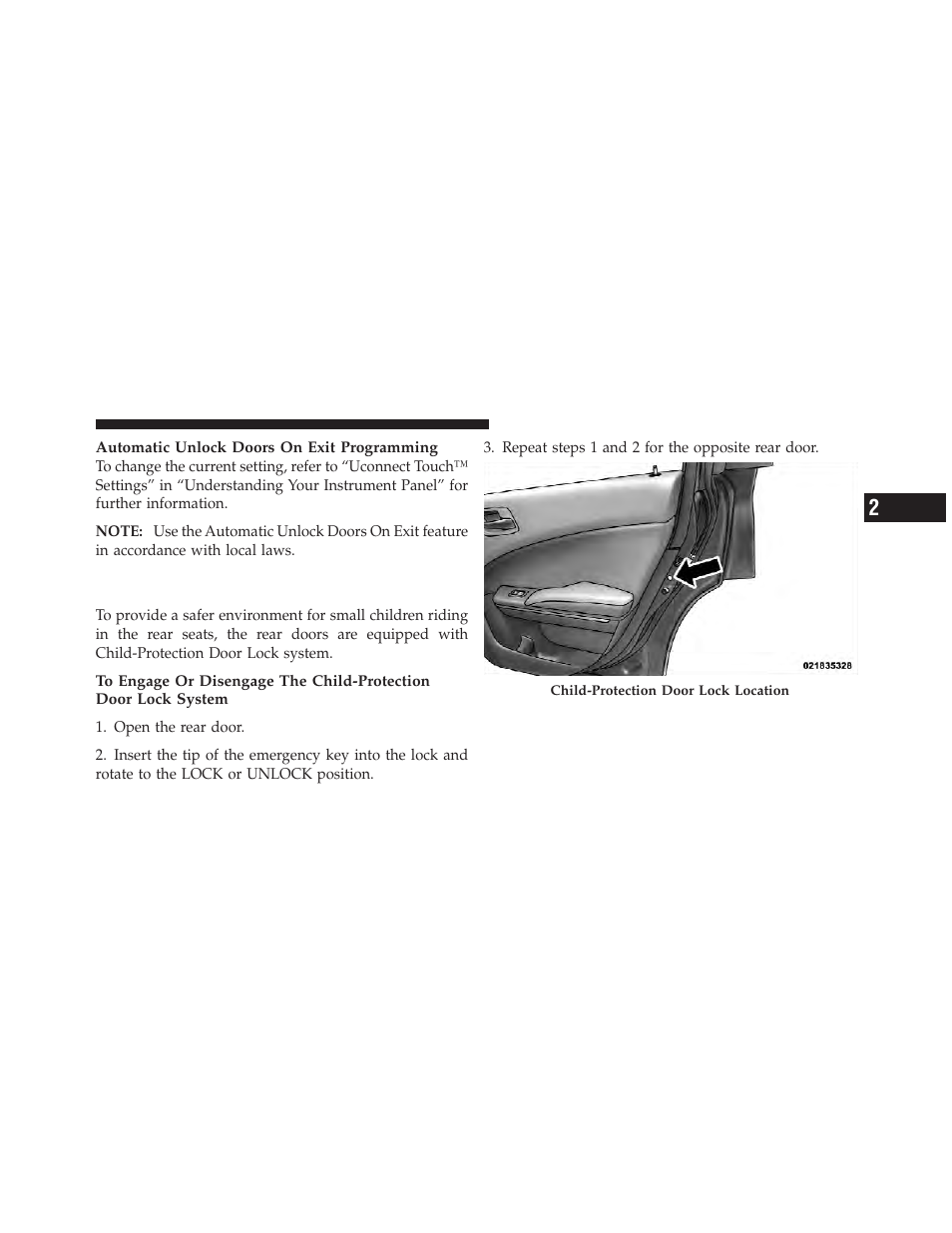 Child-protection door lock system — rear doors, Child-protection door lock system — rear, Doors | Dodge 2012 Charger SRT8 User Manual | Page 33 / 573