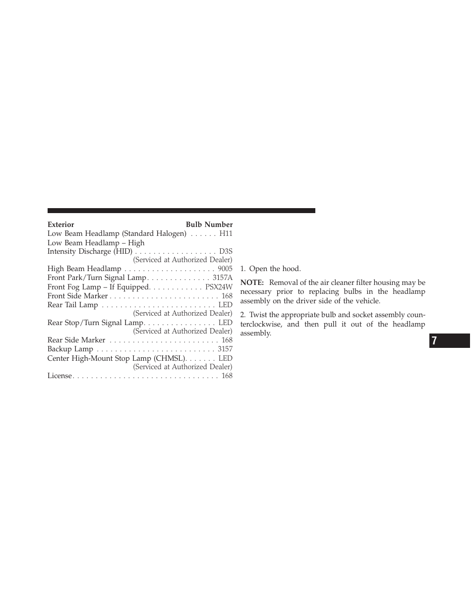 Bulb replacement, Front low beam headlamp, high beam | Dodge 2012 Charger SRT8 User Manual | Page 515 / 573