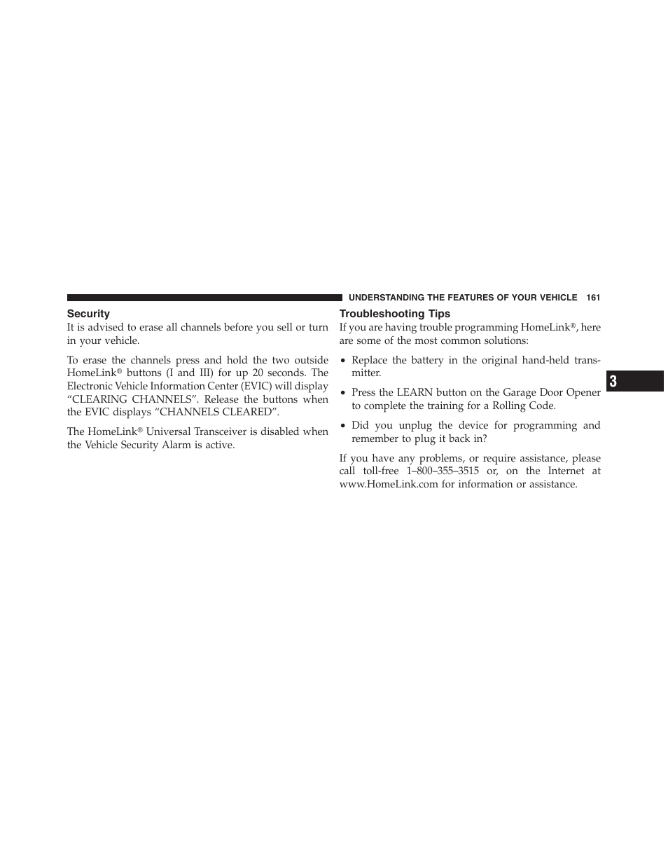 Security, Troubleshooting tips | Dodge 2012 Challenger SRT8 User Manual | Page 163 / 471