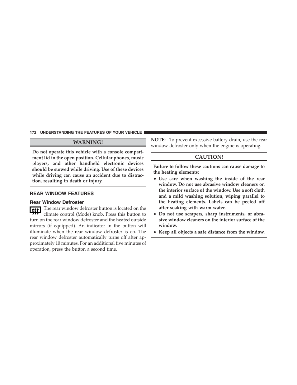 Rear window features, Rear window defroster | Dodge 2012 Challenger SRT8 User Manual | Page 174 / 471